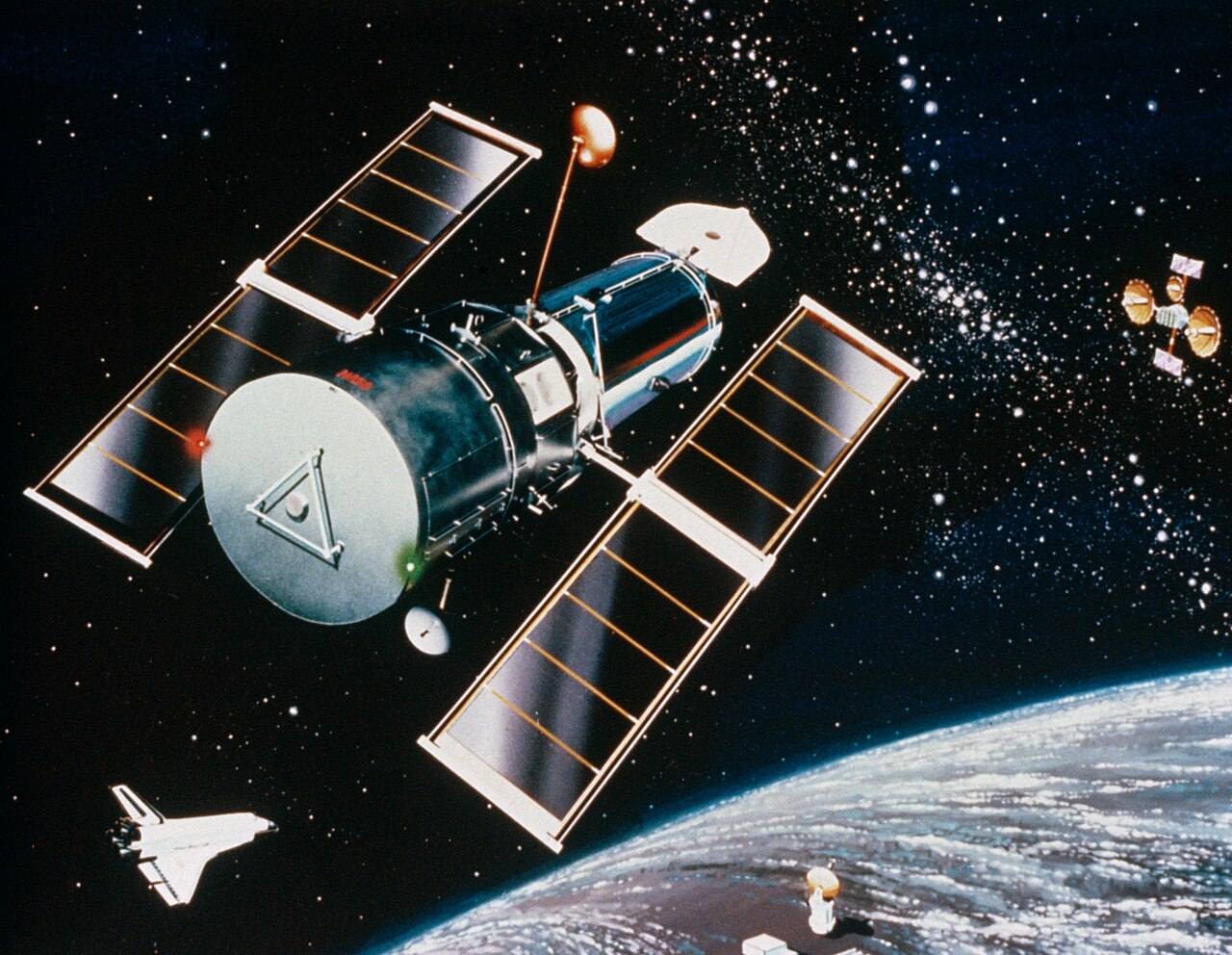 NASA artist's concept of the Hubble Space Telescope in orbit above Earth, a Space Shuttle nearby against a starfield.